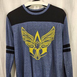Assassins Creed long sleeve blue t-shirt with black shoulders size Large